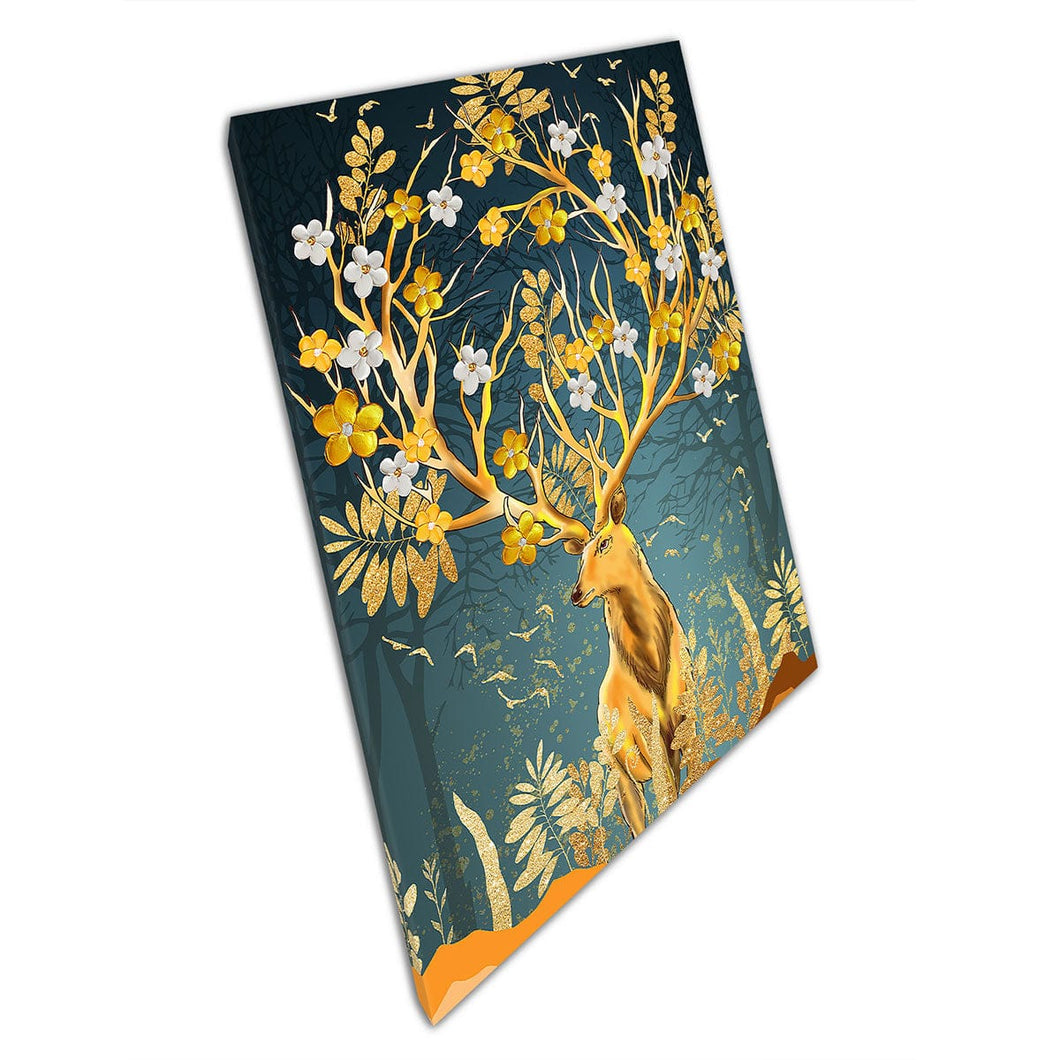 Golden Stag Male Deer Blooming Floral Flower Antlers Horns Fantasy Animal Mystical Wall Art Print On Canvas Mounted Canvas print