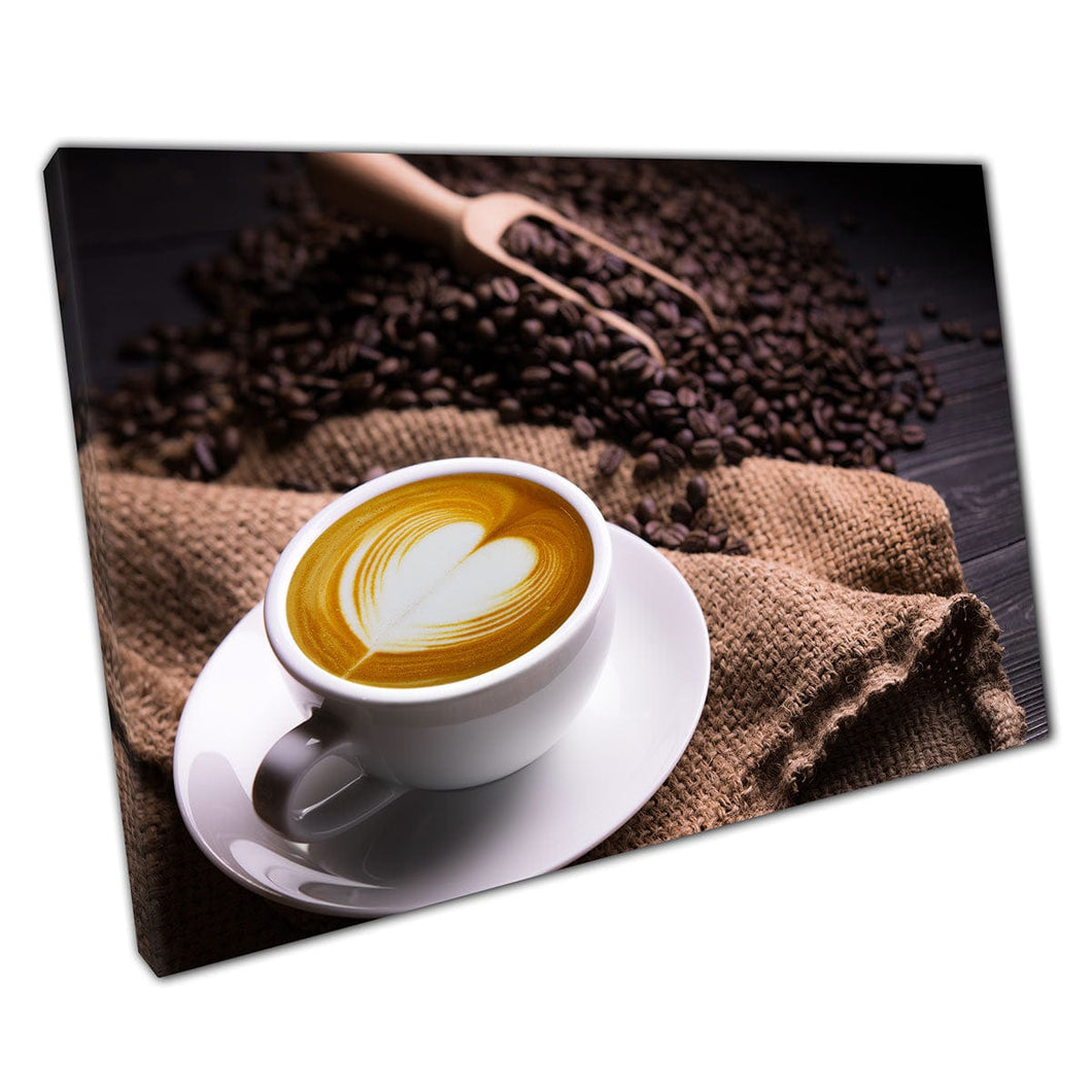 Kopje koffie met latte -kunst op een koffiezak omringd door Coffee Beans Café Drinks Wall Art Print op canvas gemonteerde canvas print