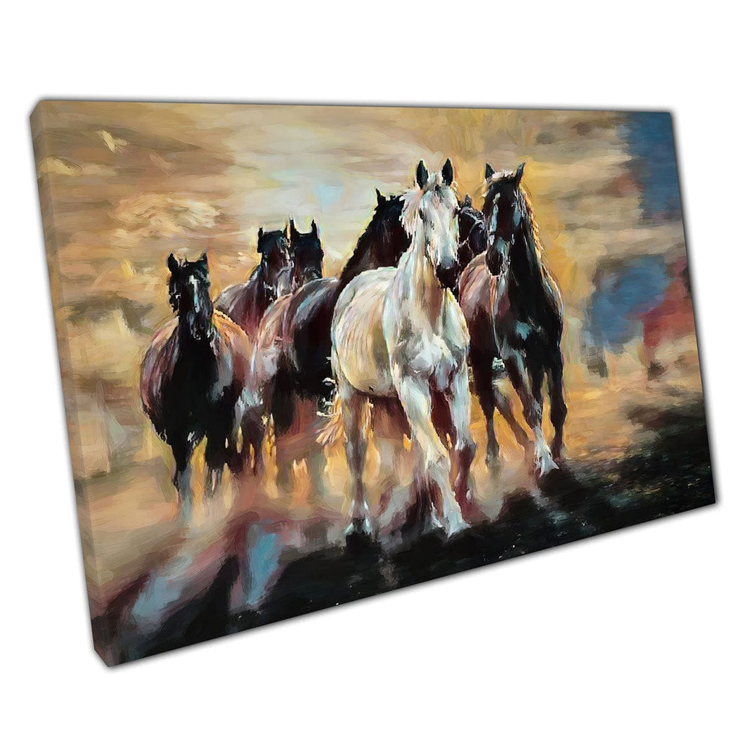 Kudde van reizende Albanese paarden die nader zijn van mist Fog artistieke schilderstijl Wall Art Print op canvas gemonteerde canvas print