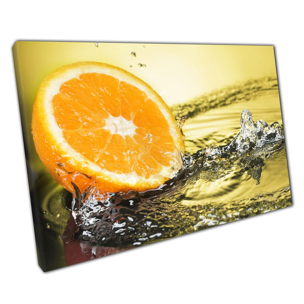 Fresh Zesty Ripe Juicy Half Of An Orange Dropping Into Water Citrus Flavours Health Wall Art Print On Canvas Mounted Canvas print