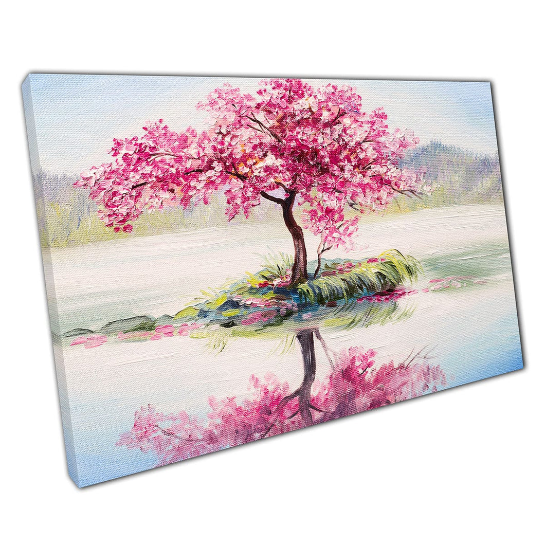 Verbluffende Sakura -kersenboom groeit op een prachtige rustige lake olieverfstijl Wall Art Print op canvas gemonteerde canvas print