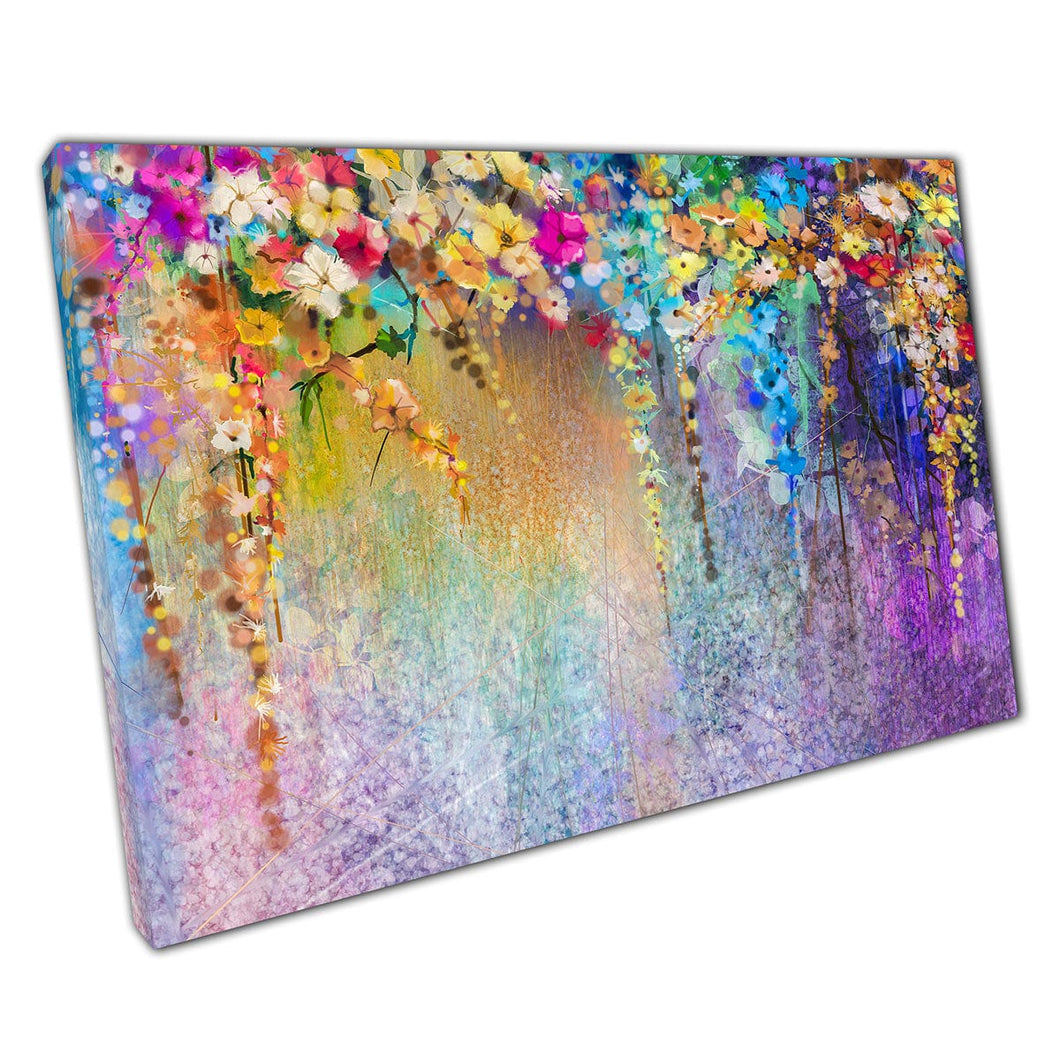 Mooie levendige kleurrijke gedrapeerde lentebloemen waterverfstijl abstracte regenboog wall art print op canvas gemonteerde canvas print