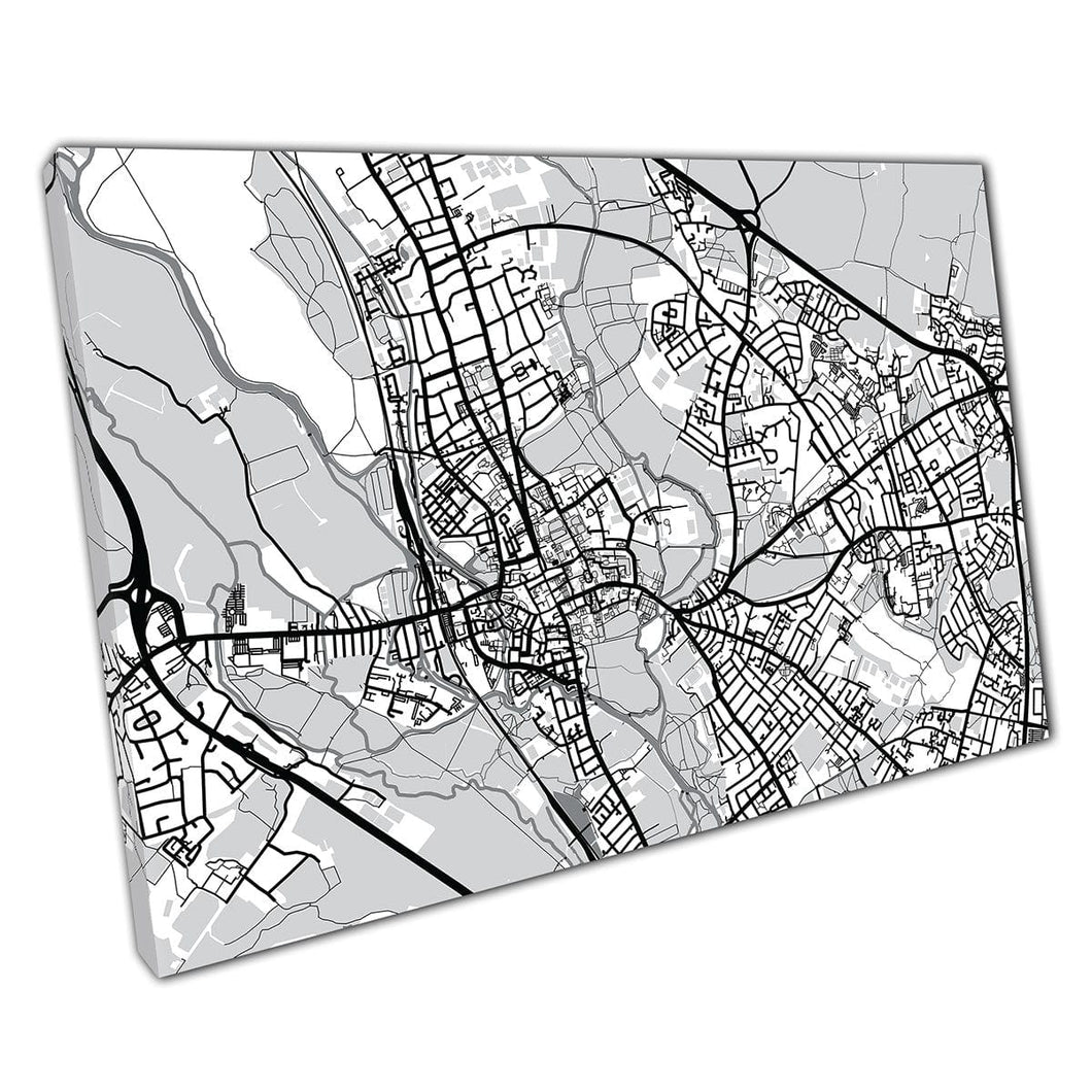 Zwart -wit grijswaarden Urban Map Oxford England City Navigatie Minimale abstracte muurkunstafdruk op canvas gemonteerde canvas print