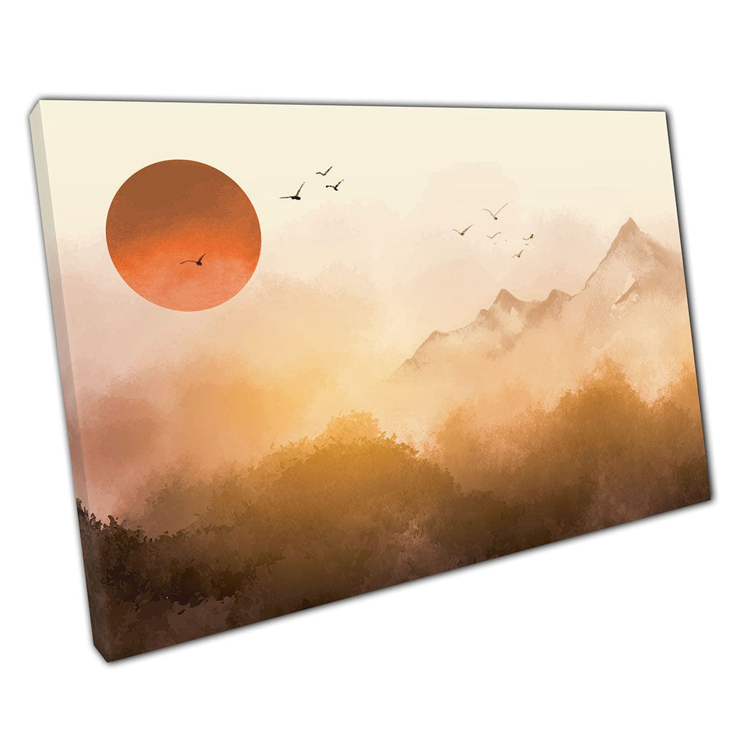 Sunrise brumoso sobre densos bosques y montañas Pintura de tinta oriental tradicional estampado de arte de pared en lienzo estampado de lona montada