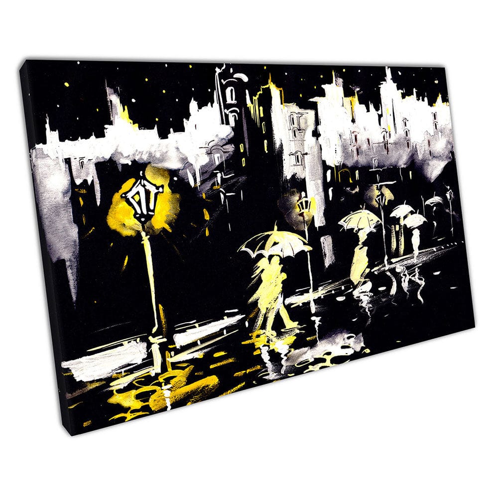 Caminando bajo la lluvia con ilustración de paraguas amarillas listas para colgar arte de pared impresión de lona montada