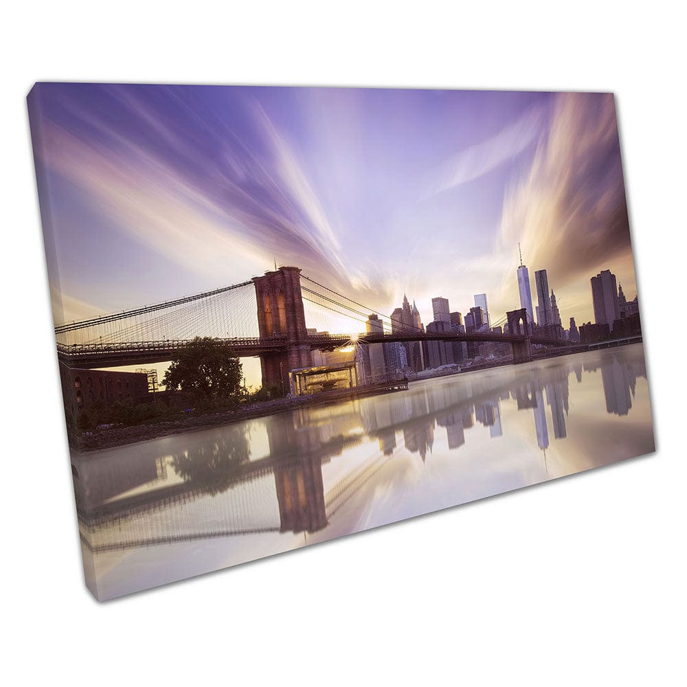 Stad New York met Brooklyn Bridge Purple Sunple Sunset USA Klaar om muurwand te hangen afdrukken gemonteerd canvas print