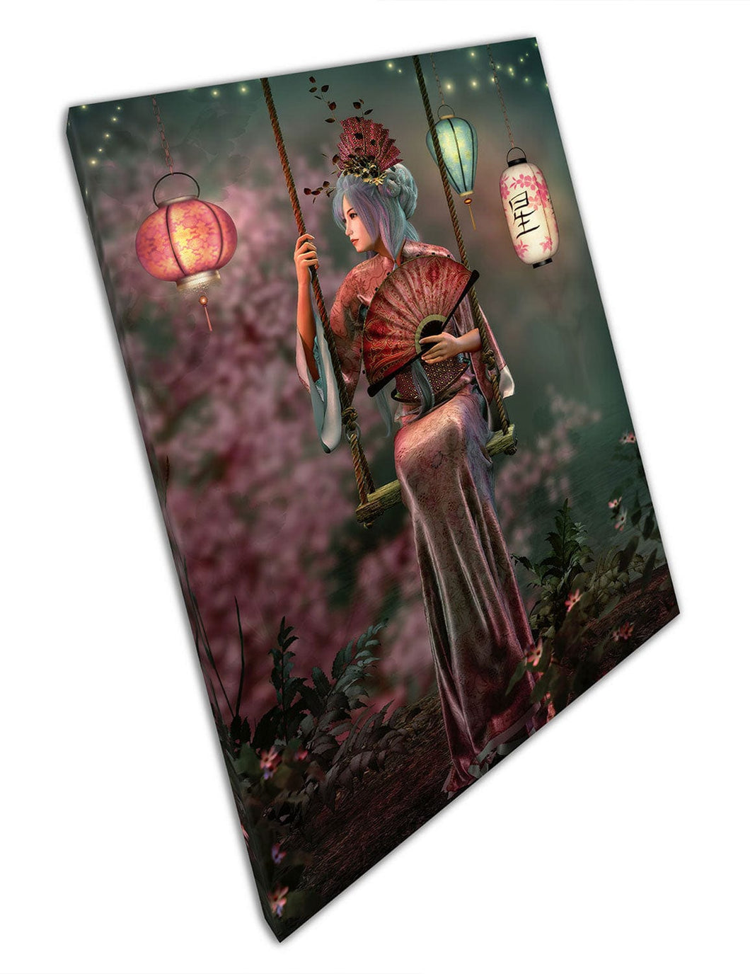 Asia Fantasy Lady At Night in the Lantern Garden landscape Canvas Wall Art Print Mounted Canvas print