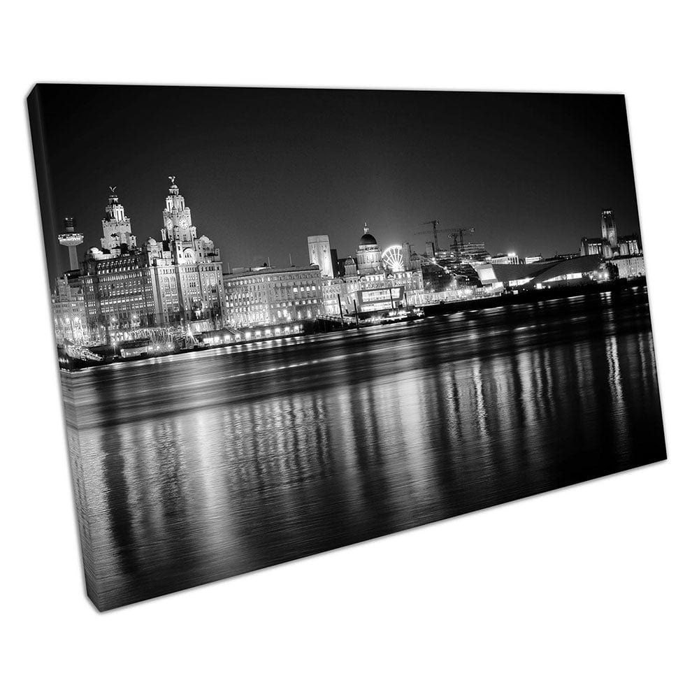 Zwart -wit Liverpool Cityscape Lever Building Albert Dock klaar om muurwand te hangen op canvas gemonteerde canvas print