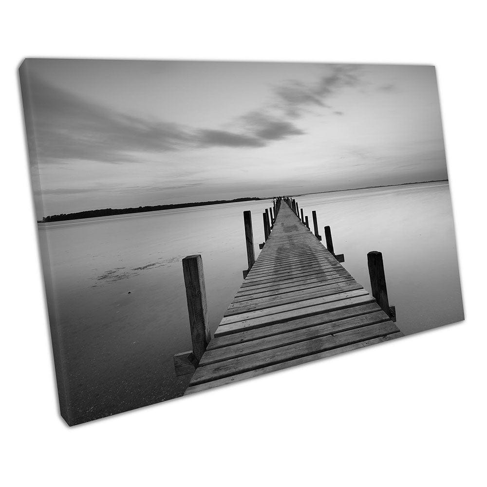 Zwart -wit rustige steiger bij zonsondergang landschapskunst klaar om muurwand te hangen afdrukken gemonteerde canvas print