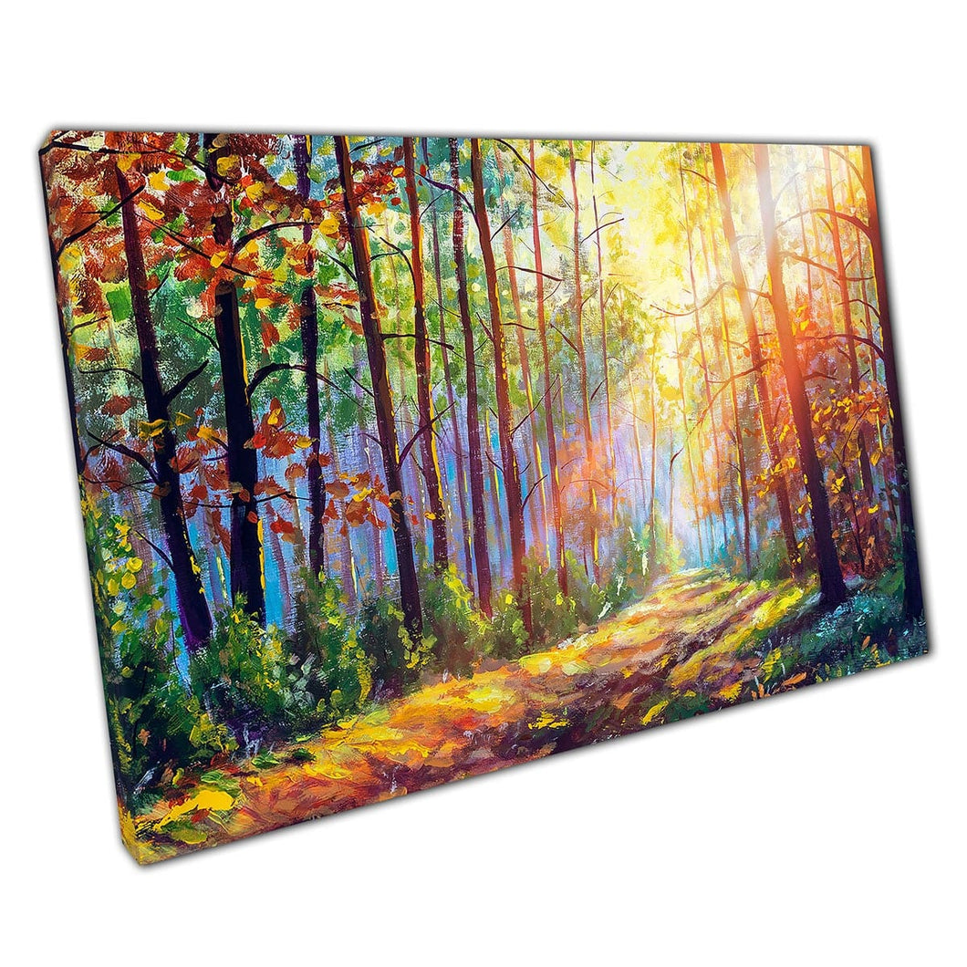 Scenico di pittura ad olio stile boschivo foresta con sole splendente attraverso gli alberi Stampa di arte della parete naturale su tela per l'arredamento dell'ufficio per la casa