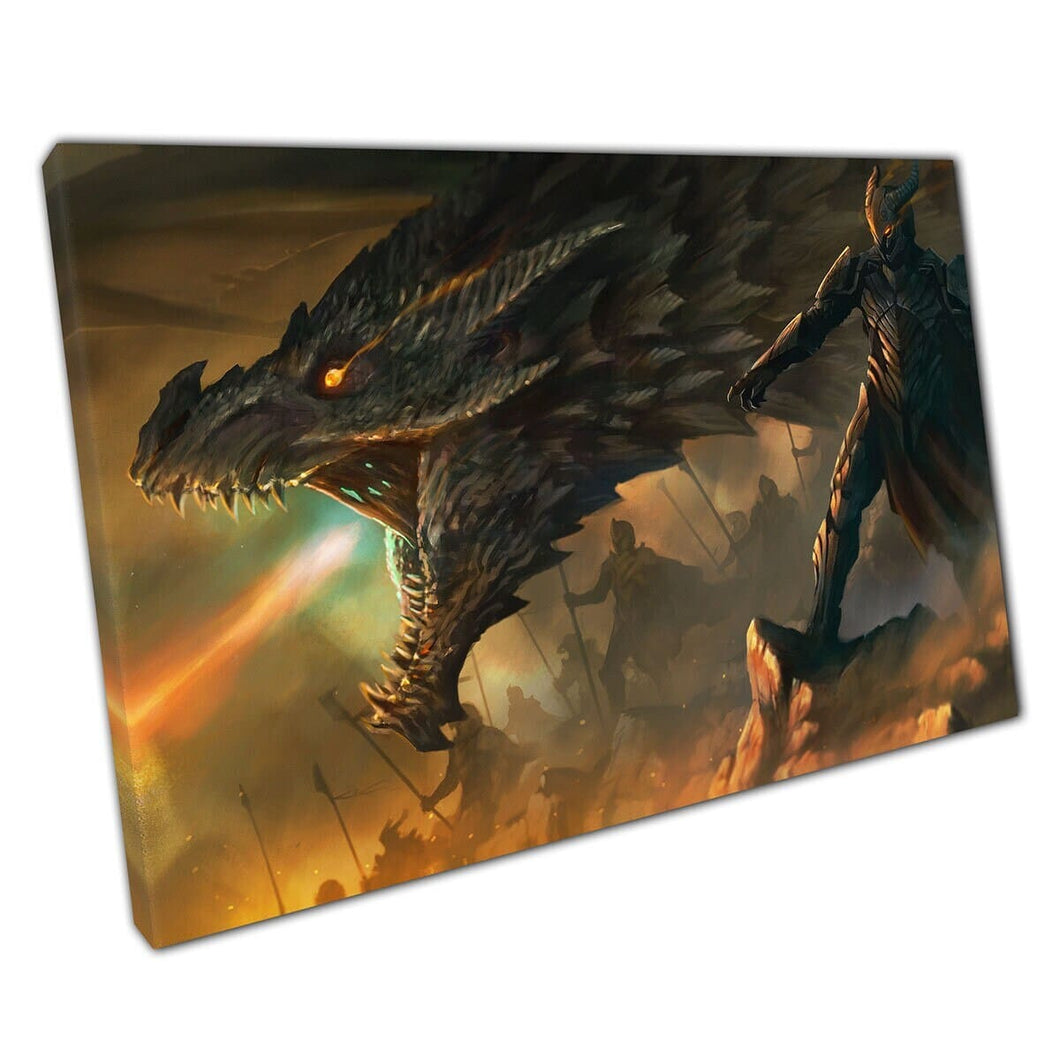 Feroz fantasía dragón dragón respirando fuego junto con una poderosa historia de batalla de la guerra del ejército impresión de arte de pared en lienzo lienzo estampado