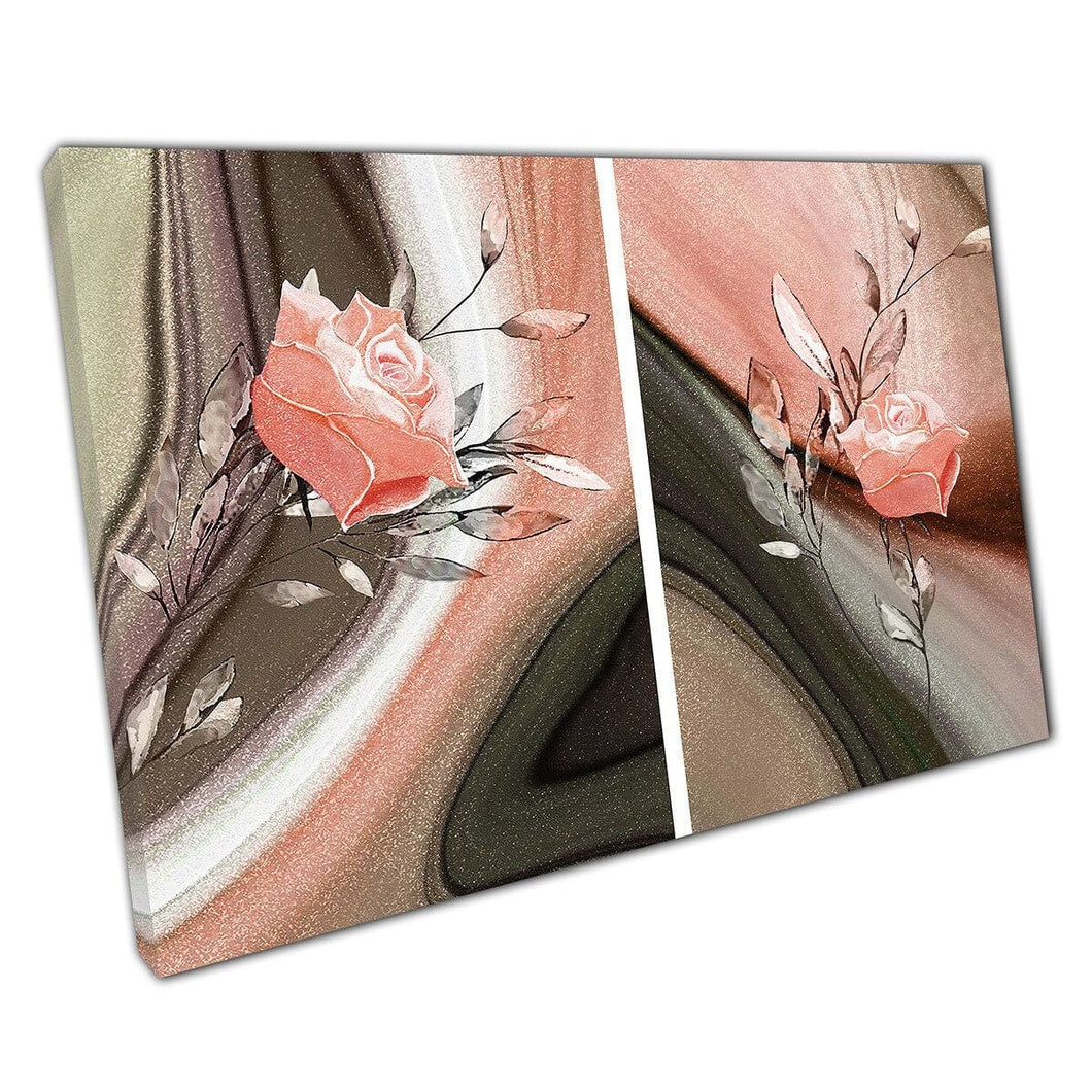 Twee geïllustreerde geschilderde stijl rozen delicate blush roze wervelende abstracte achtergrond muurkunst print op canvas gemonteerde canvas print