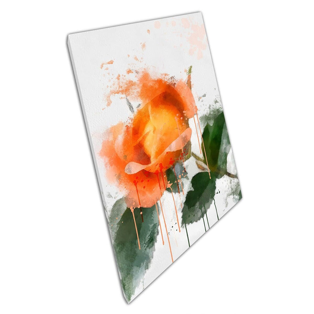 Messy Watercolour Paint Splatter Orange Floral Blooming Summer Rose Illustration Wall Art Print On Canvas Mounted Canvas print