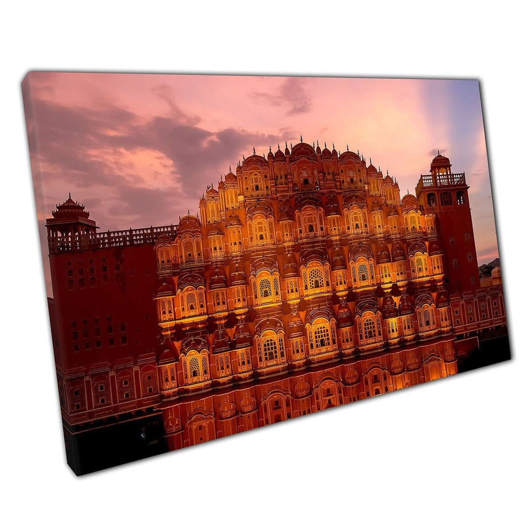 Hawa Mahal Palace verlicht door de Peach Golden Sunset prachtige architectuur India Wall Art Print op canvas gemonteerde canvas print
