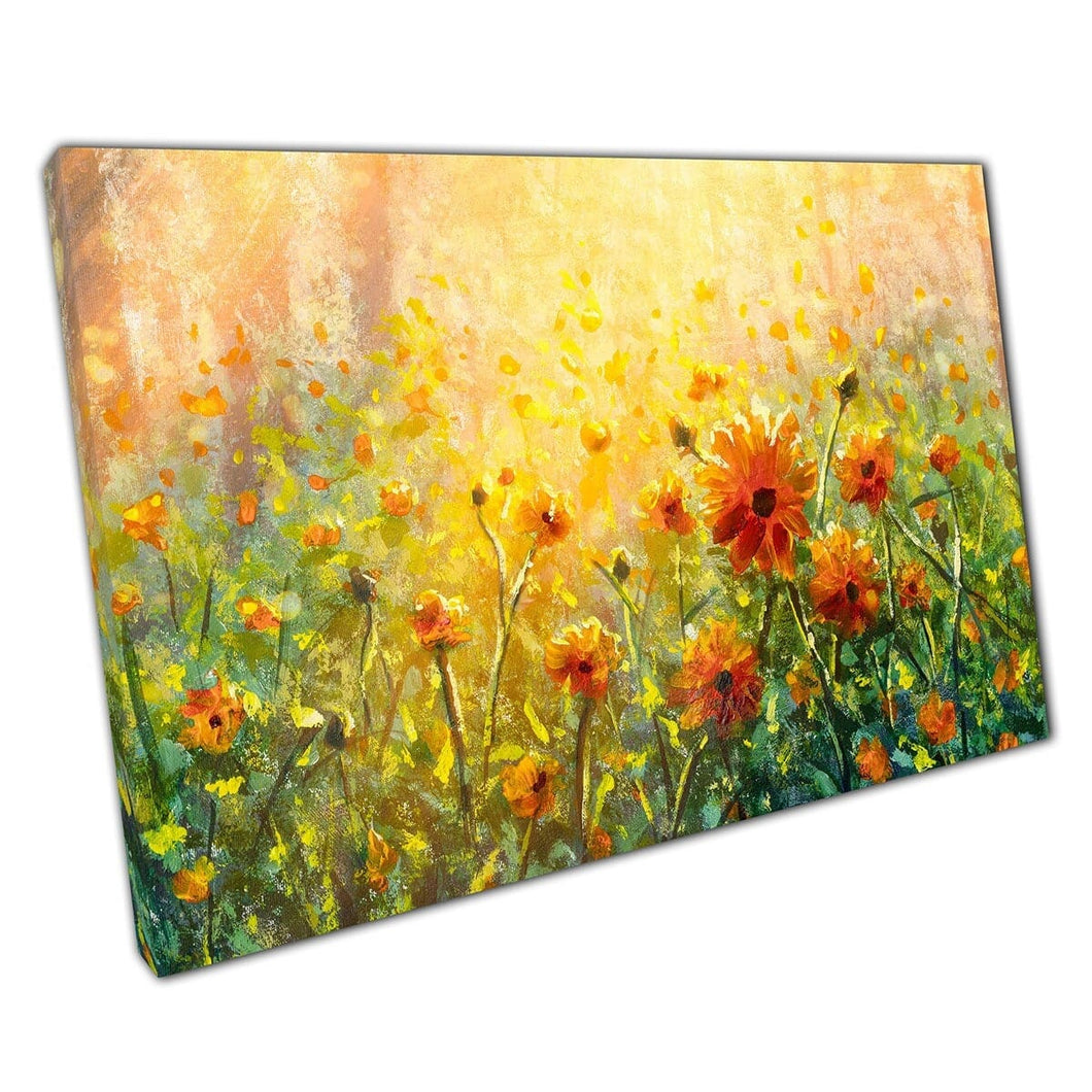 Mooie oranje bloemweide met warme gouden zon -impressionisme schilderstijl muurkunst print op canvas gemonteerde canvas print