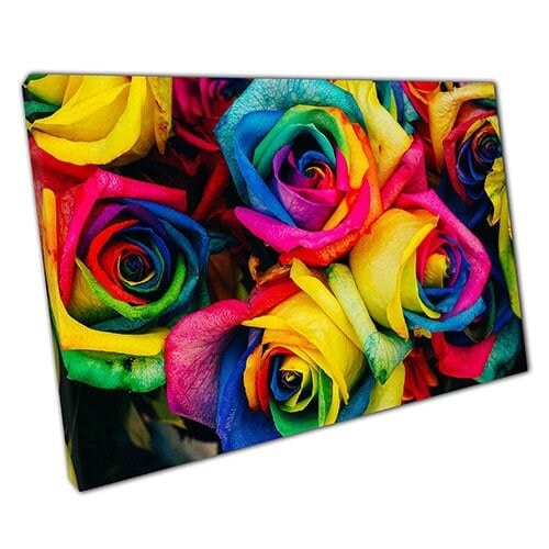 Afdrukken op canvas groep levendige regenboogrozen klaar om muur kunst afdrukken gemonteerde canvas print te hangen