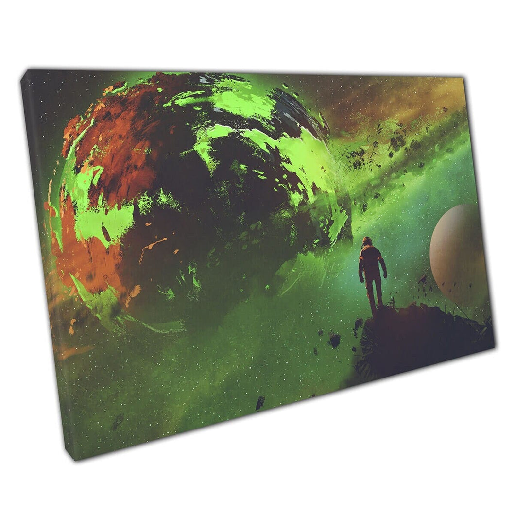 Brave Astronaut kijken naar Dangerous Acid Planet Fantasy Sci-Fi Digital Illustration Wall Art Print op canvas gemonteerde canvas print