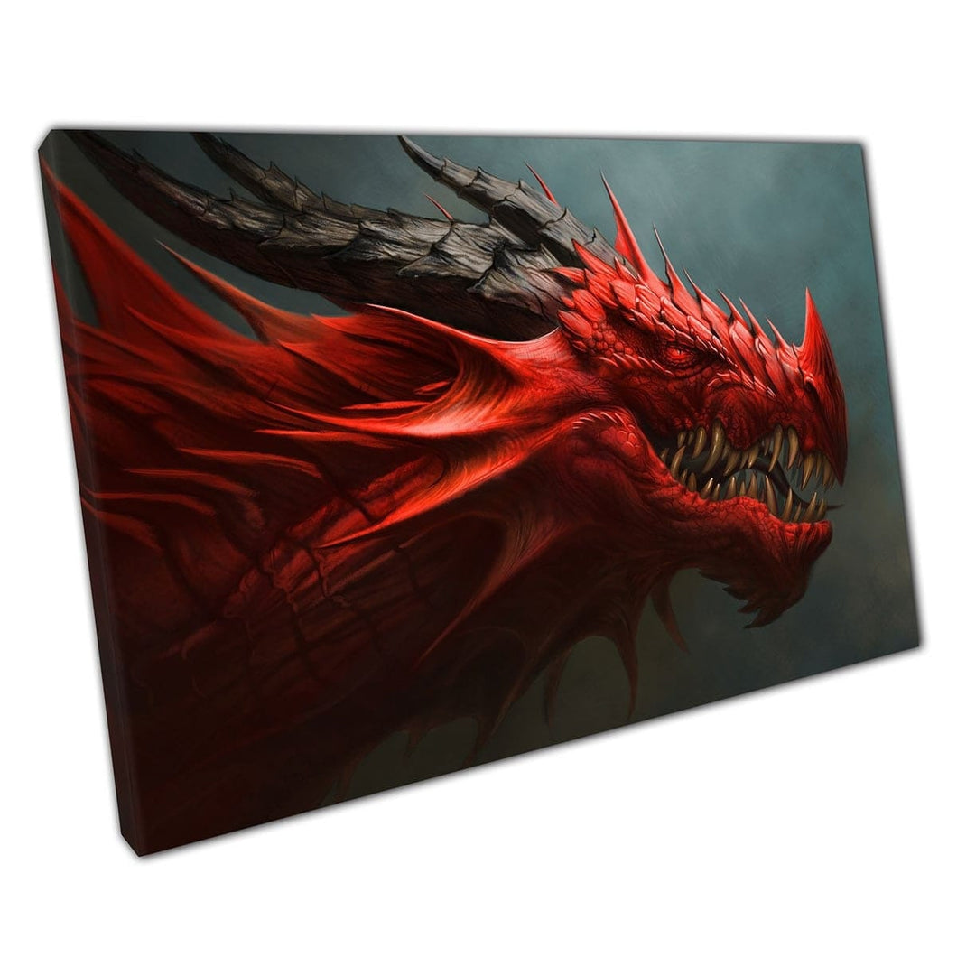 Ferocious Scaly Vibrant Crimson Red Dragon Fantasy Creature Digital Illustration Wall Art Print op canvas gemonteerde canvas print