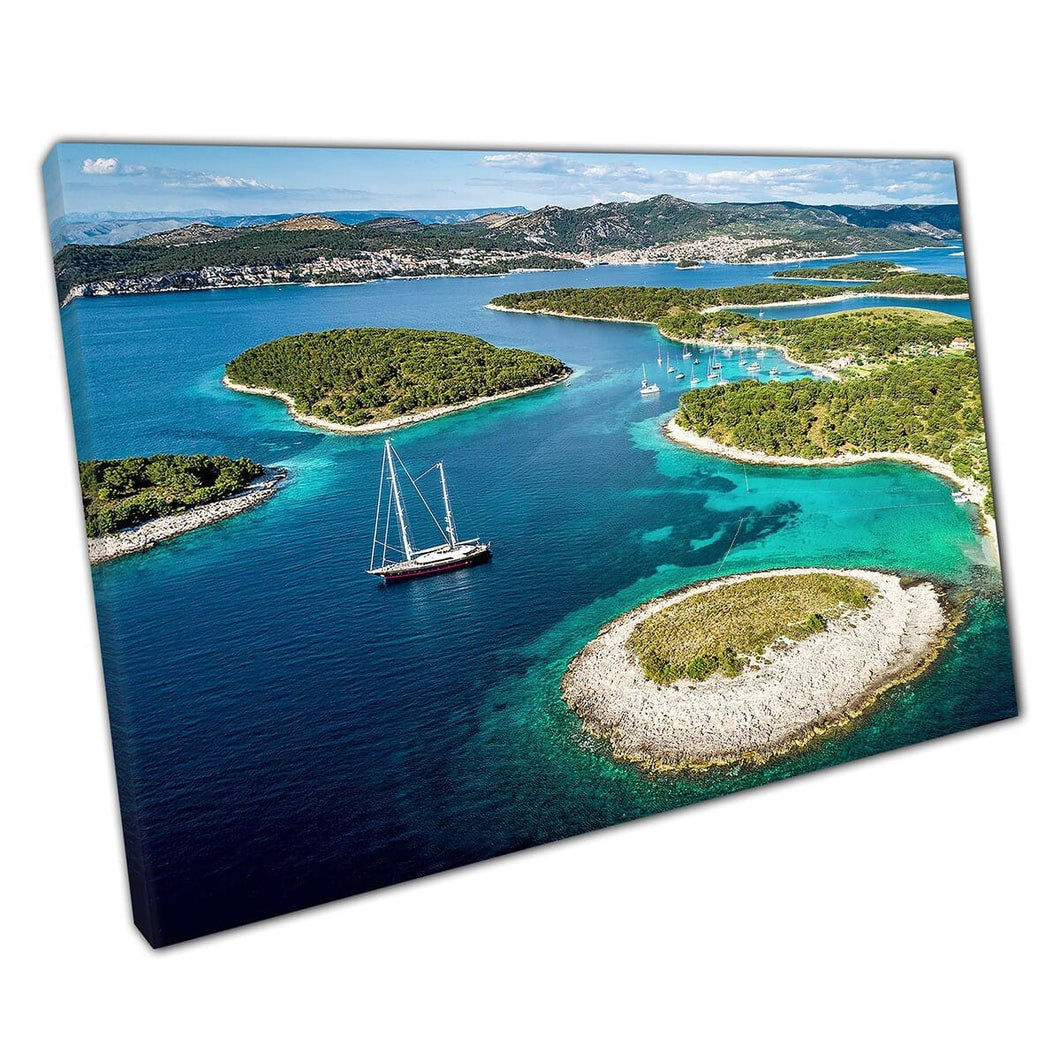Beautiful Turquoise Water Luxury Yachts Aerial View Of Paklinski Islands Hvar Croatia Wall Art Print On Canvas Mounted Canvas print