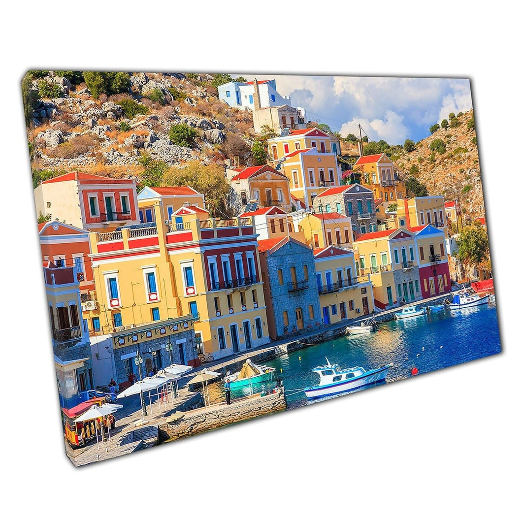 Splendida giornata estiva sull'isola greca di Symi nella stampa d'arte da parete in Grecia dodecanese su tela di tela