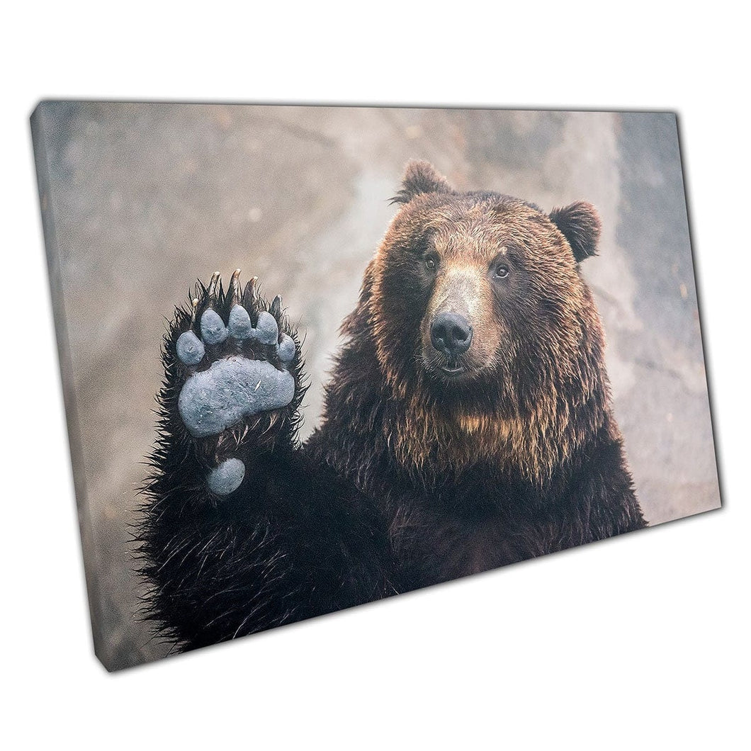 Happy Large Brown Bear Waving Hokkaido Japan Funny Animal Wildlife Photography Wall Art Print On Canvas Mounted Canvas print