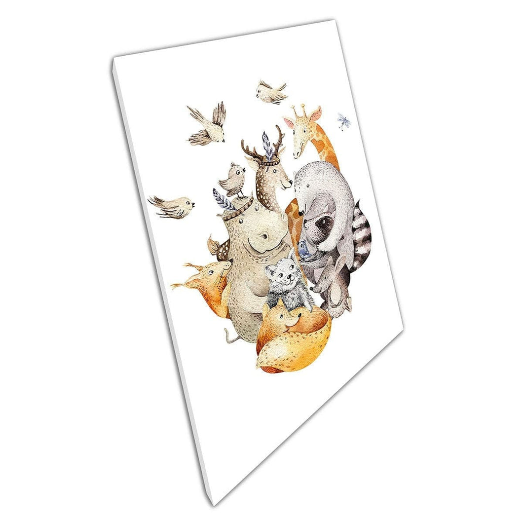 Schattige cartoon gemengd dierenfamilie van huisdieren landbouwgrond en wilde dieren kinderkamer kwekerij muurkunst print op canvas gemonteerde canvas print