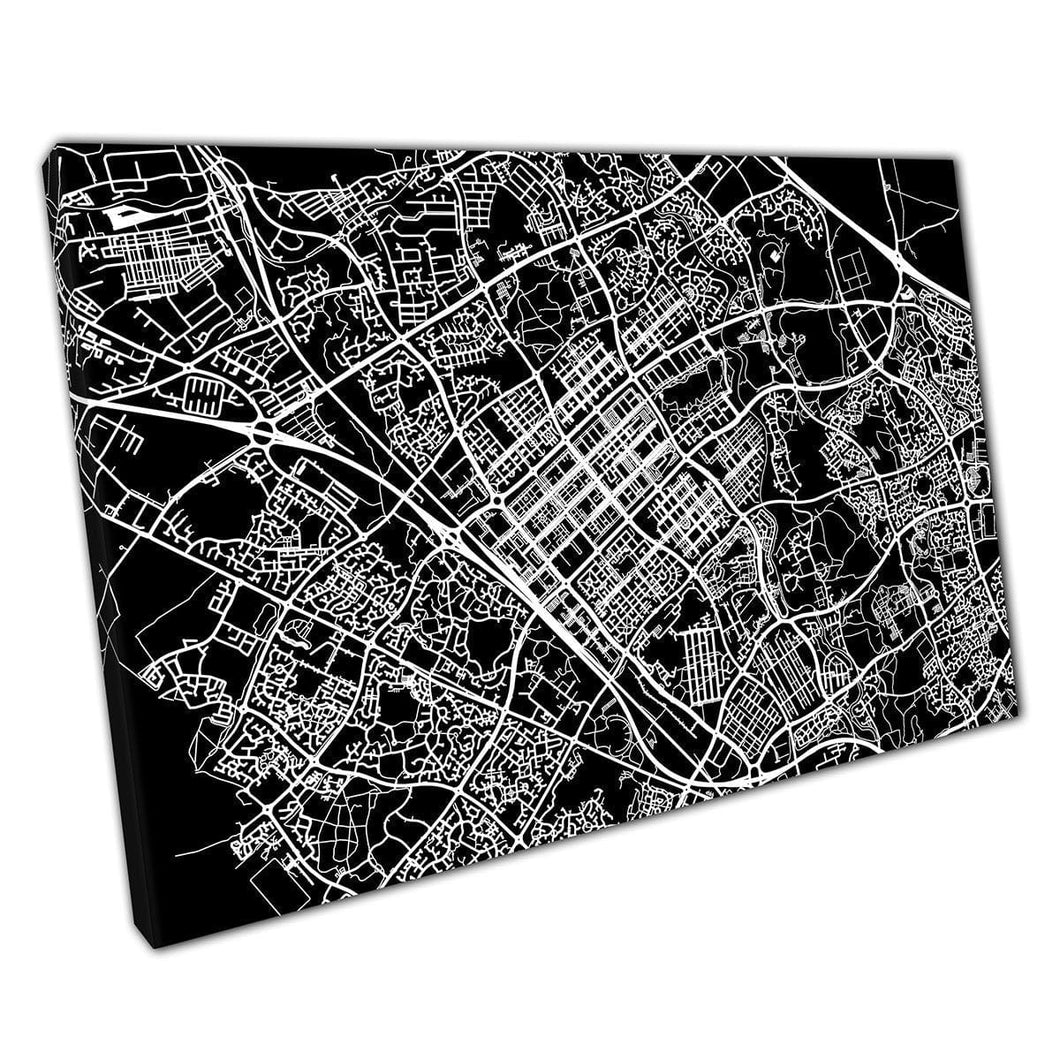 Zwart -wit gedurfde stedelijke kaart Milton Keynes City Navigatie Minimale abstracte muurkunstafdruk op canvas gemonteerde canvas print