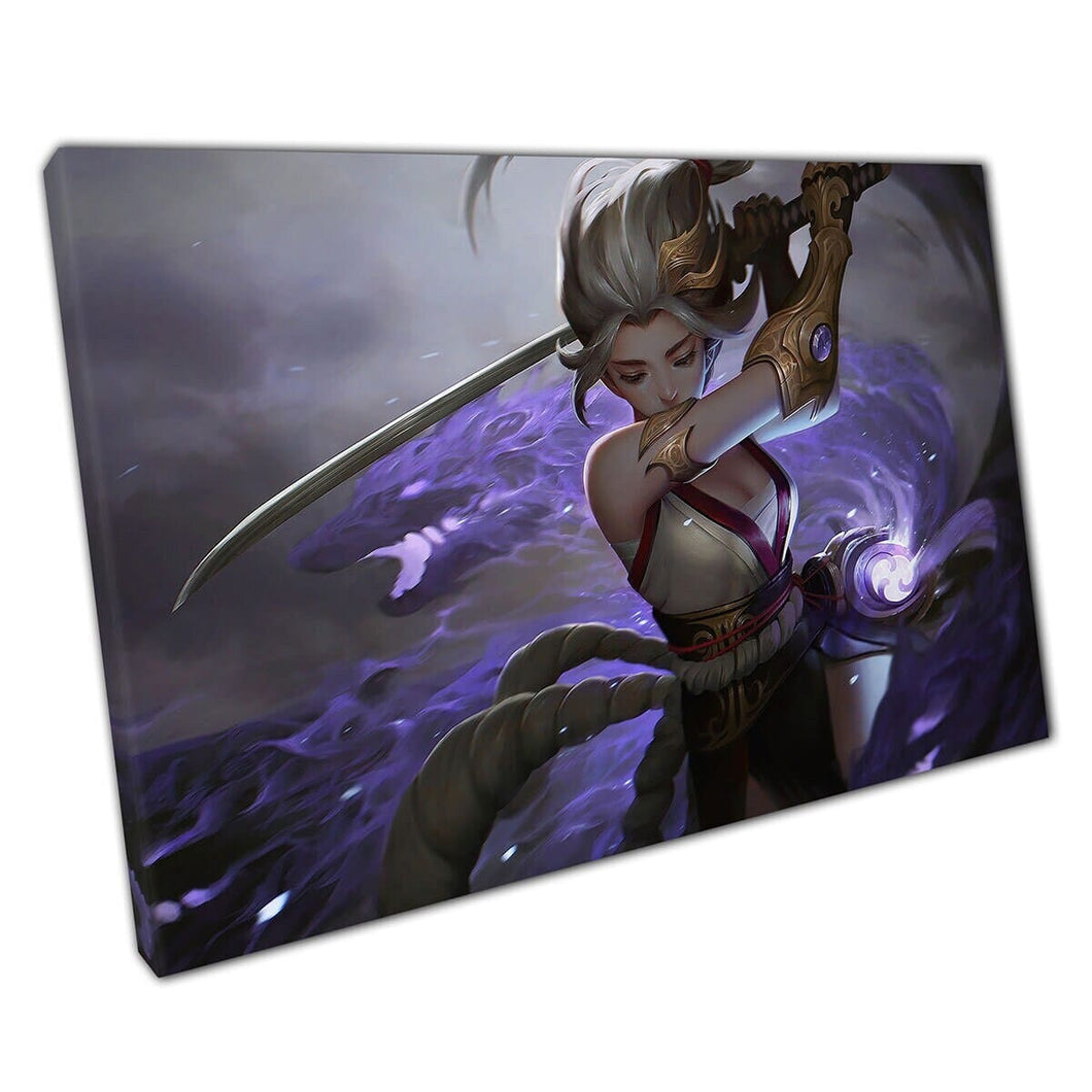 Fantasy Anime Digital Illustrated Female Warrior Fighter met een Katana in Battle Wall Art Print op canvas gemonteerde canvas print