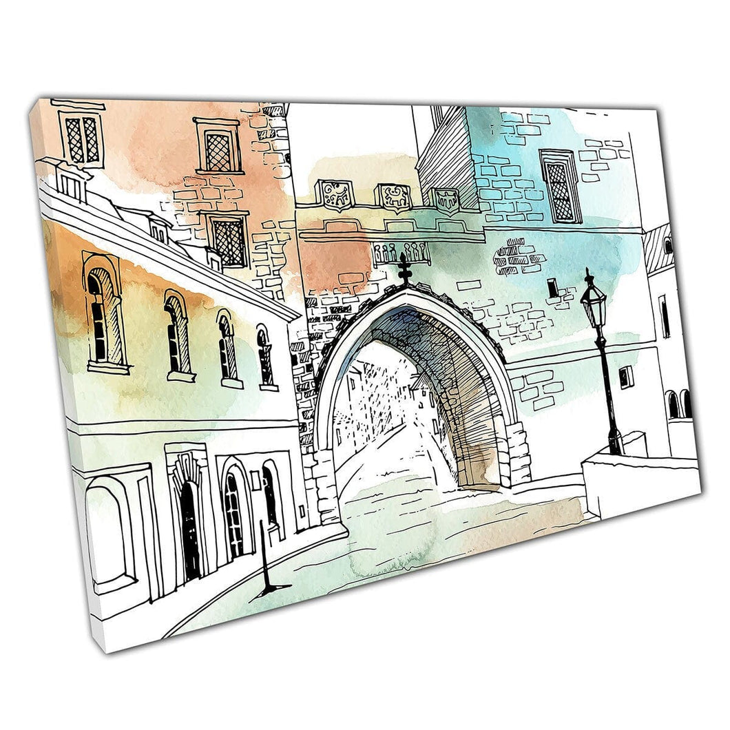 Old Street City Stone Brick Archway Sketch Urban Washes de acuarela Ilustración Arte de pared Impresión en lienzo lienzo estampado