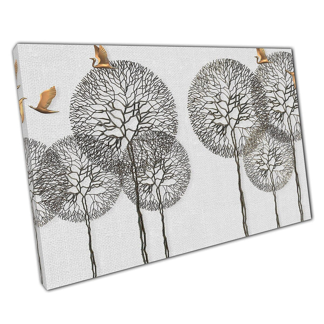 3D Minimalist Modern Illustration Of Woodland Trees And Flocks Of Golden Birds Wall Art Print On Canvas Mounted Canvas print