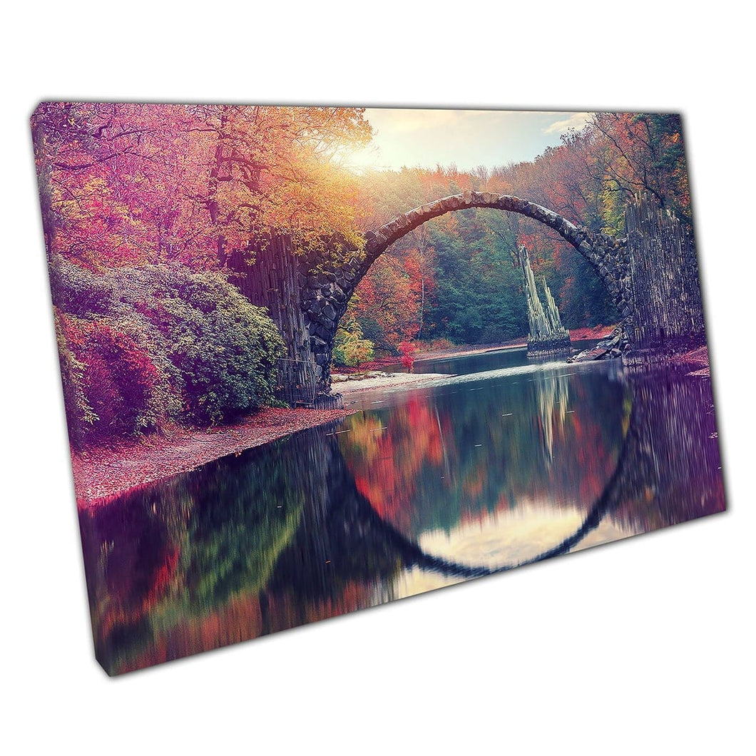 Amazing Sunset River Bridge Reflection Azalea And Rhododendron Park Kromlau Germany Wall Art Print On Canvas Mounted Canvas print