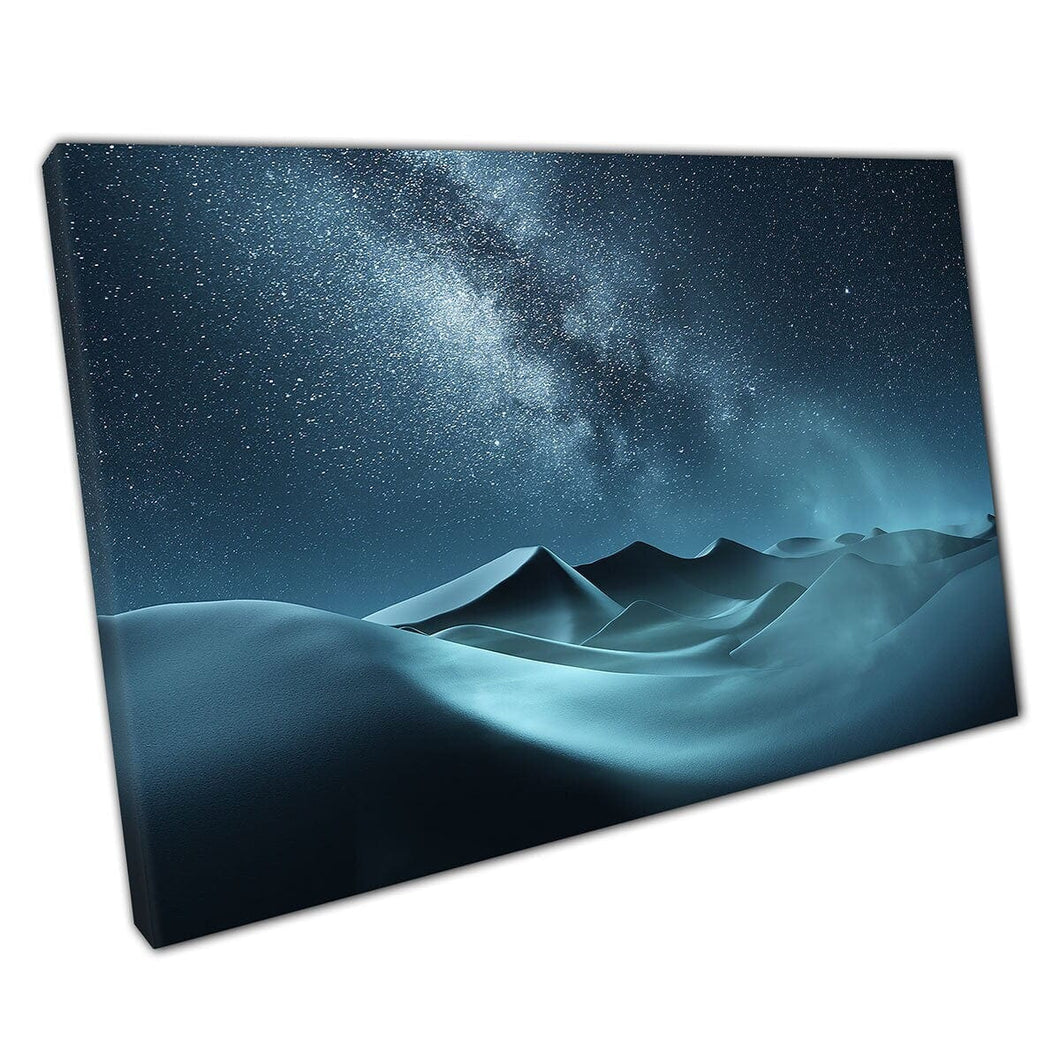 Rollende zandduinen 's nachts blauw afgezwakt woestijnzand onder sterrenheme Melkweg Sky Wall Art Print op canvas gemonteerde canvas print
