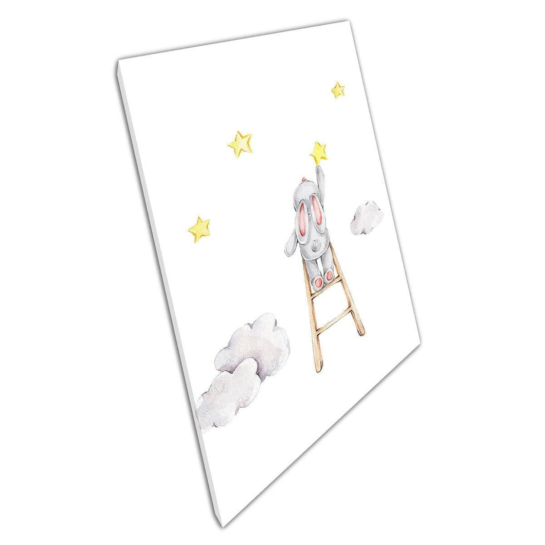 Leuke cartoonkonijn op een ladder rangschikt sterren en wolken kinderen waterverfschildering muur kunstprint op canvas gemonteerde canvas print