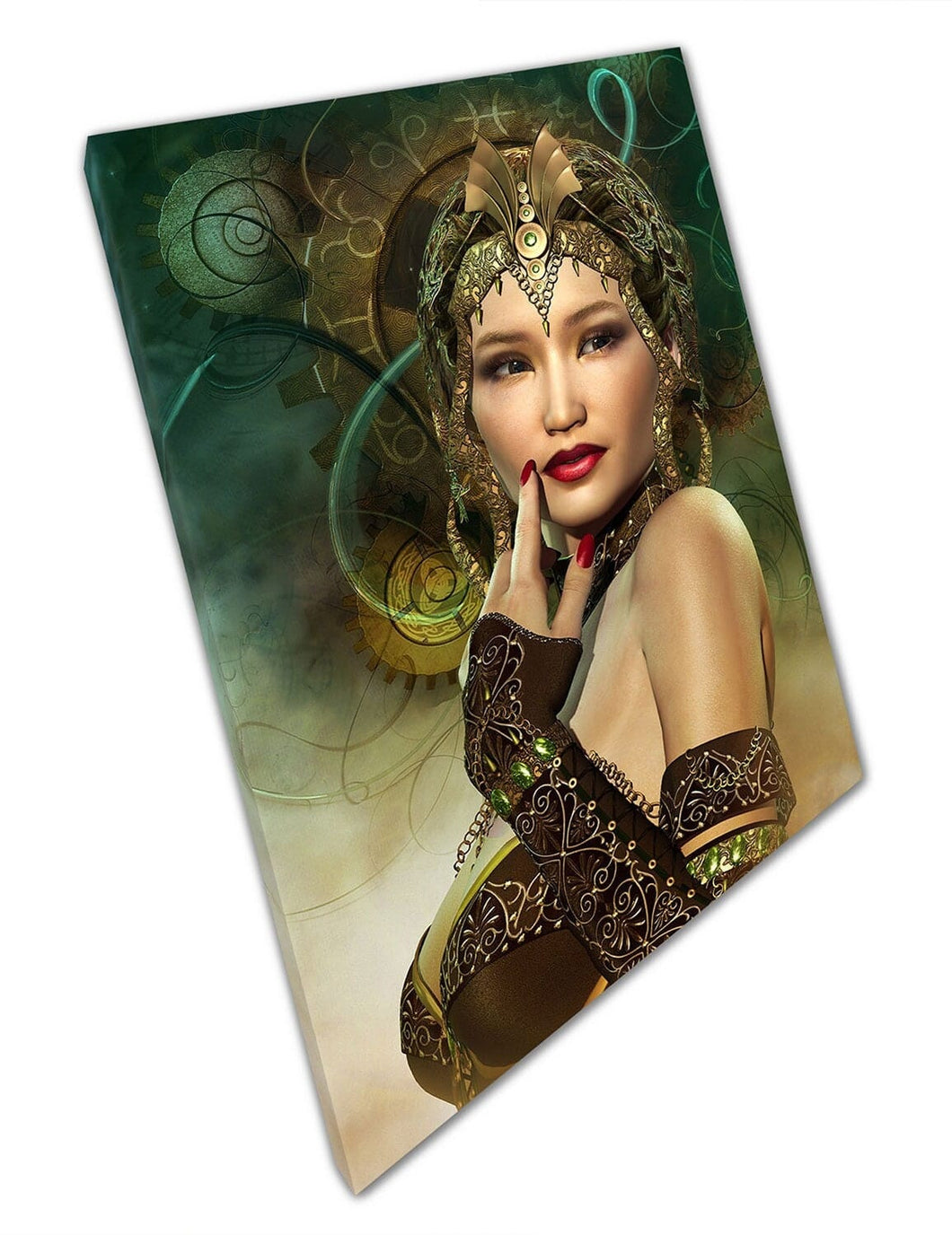 Enchantress gouden hoofdtooi Egyptische fantasie dame klaar om muurkunst te hangen afdrukken gemonteerde canvas print