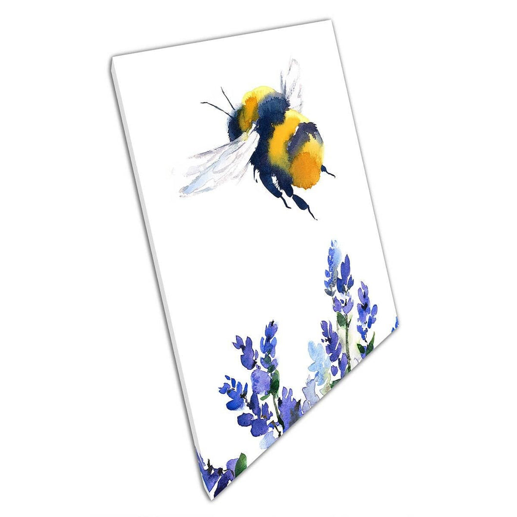 Drukke hommel vliegen over paarse zomerbloemen illustratie muur kunst print op canvas gemonteerde canvas print