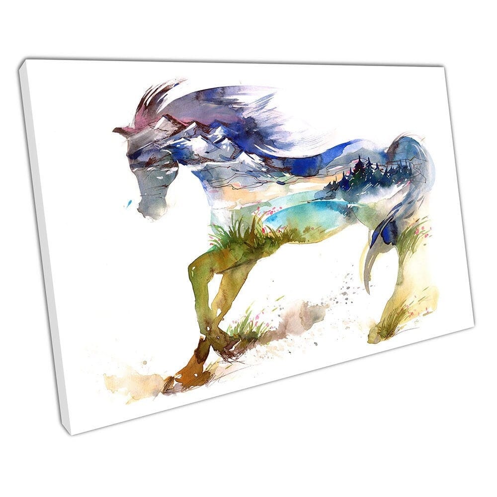 Dancing Spring Horse Animal Art The Galloping Horse Aquarel Wall Art Print Mounted Canvas Print