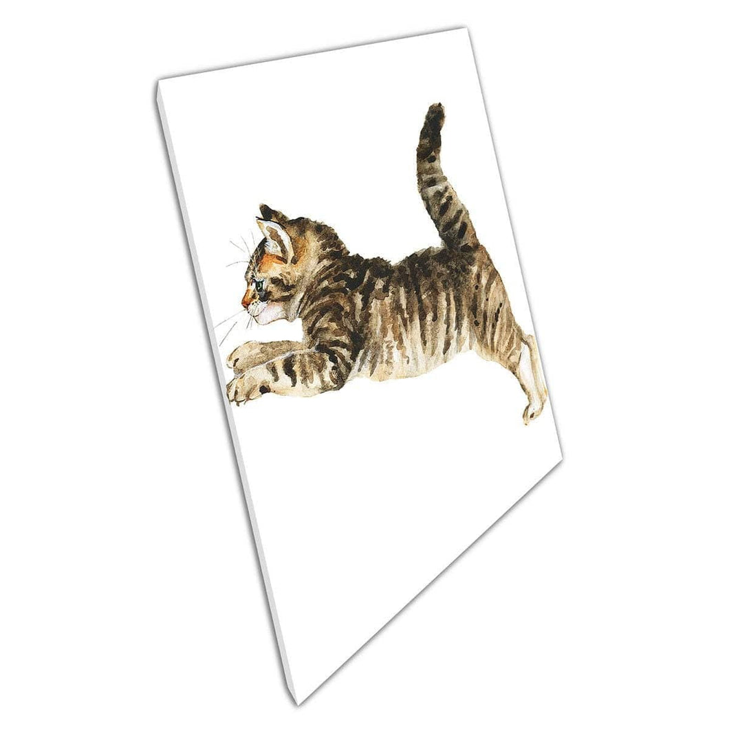 Leuke pluizige happy jumping tabby kitten waterverf illustratie schilderen muur kunst print op canvas gemonteerde canvas print