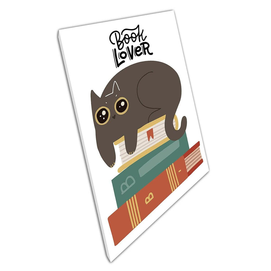 Schattige grappige kat zat op stapel boeken 'Book Lover' illustratie Wall Art Print op canvas gemonteerde canvas print