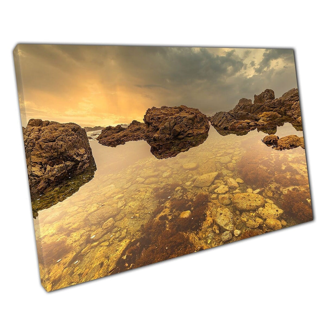 Golden kalmerende zeeëngangen Clear Waters Californische kustlijn opwarming natuurlijke tonen muurkunst print op canvas gemonteerde canvas print