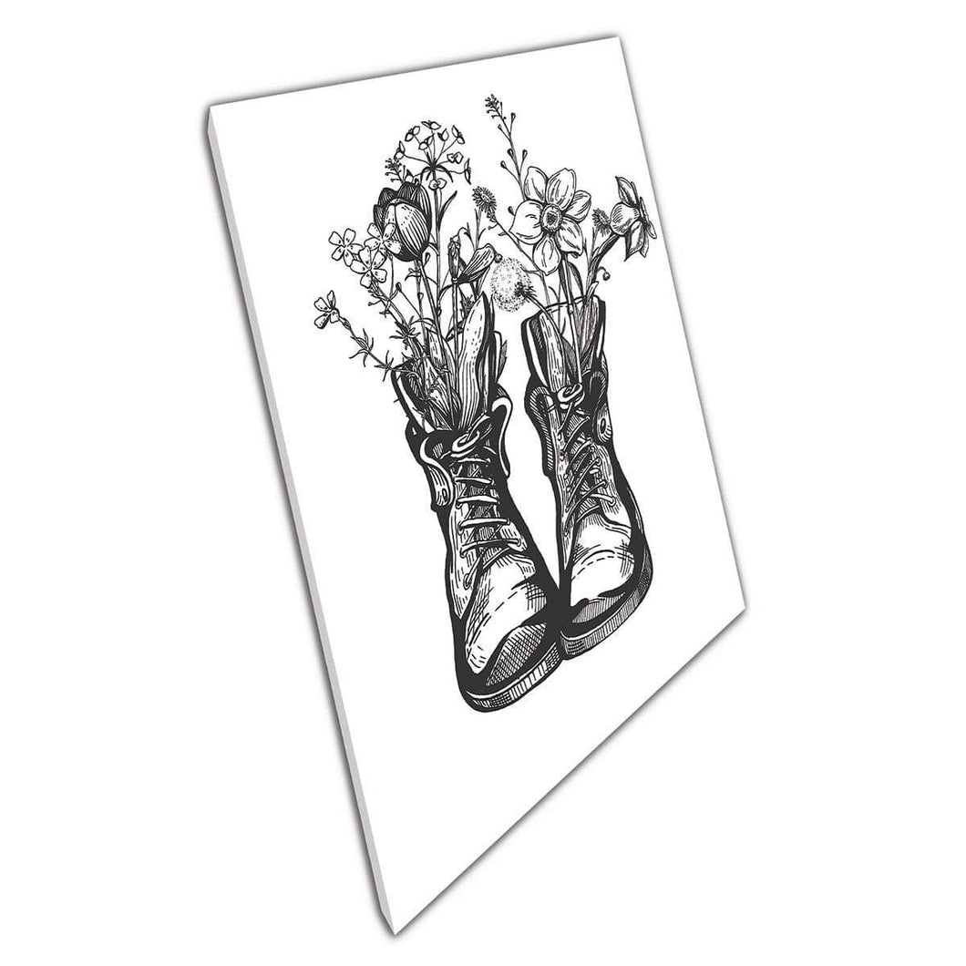 Botas de senderismo de núcleo de cabaña antigua vintage llenas de flores de pradeblo Ilustración de arte de pared impresa en lienzo lienzo estampado
