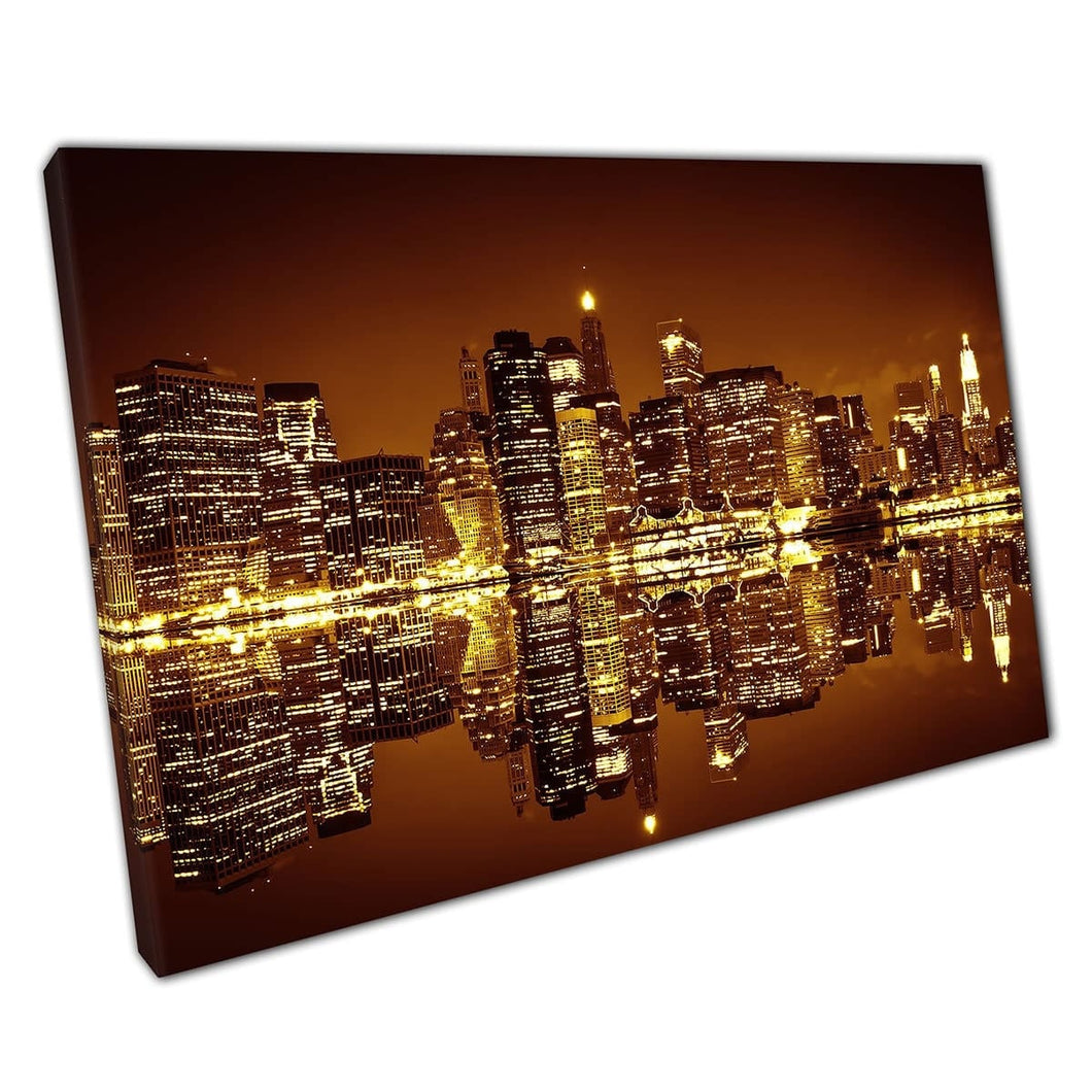 Downtown Manhattan New York CityScape verlicht door de Golden City Lights Wall Art Print op canvas gemonteerde canvas print