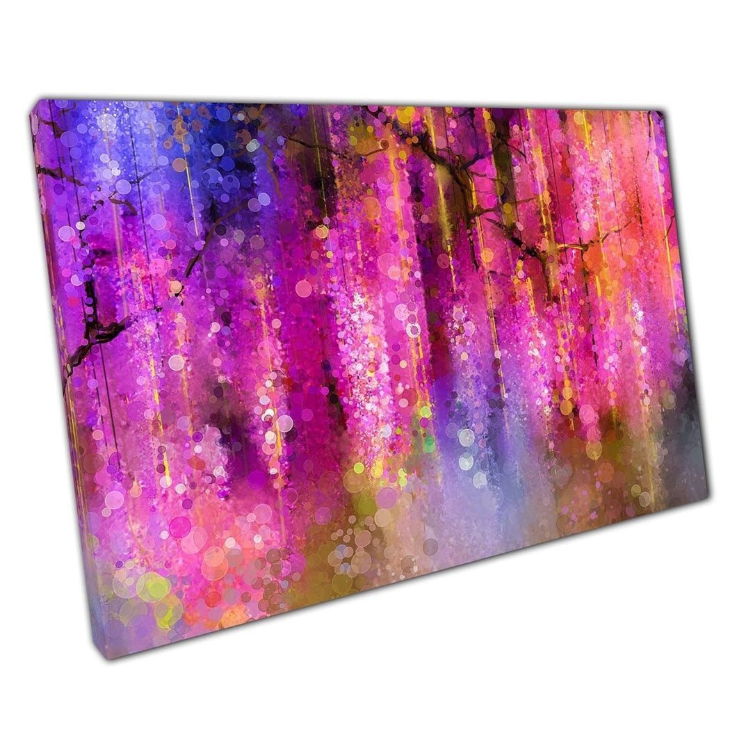 Mooie Wisteria Tree bloeiende bloemen Magenta Violet Geel Abstract Spring Wall Art Print op canvas gemonteerde canvas print