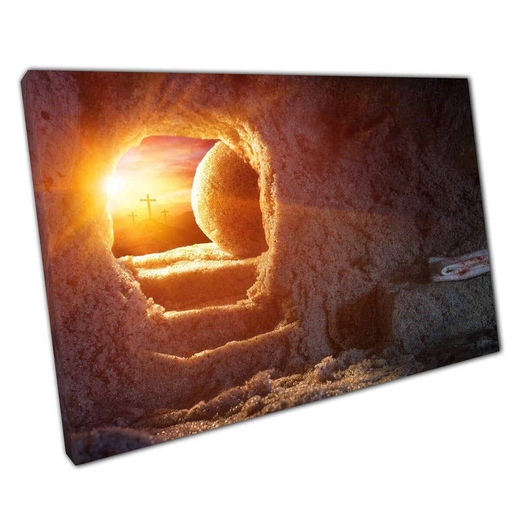 Lege grafkruising bij zonsopgang opstanding van Jezus Pasen Religieuze betekenis Betekenis Wall Art Print op canvas gemonteerde canvas print