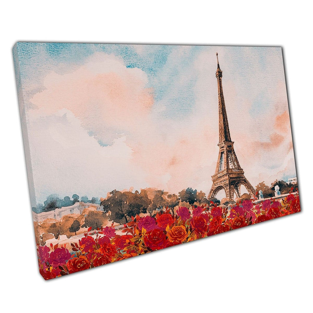 Romantische vintage waterverfschilderstijl Paris France Eiffeltoren Seine River Red Wall Art Print op canvas gemonteerde canvas print