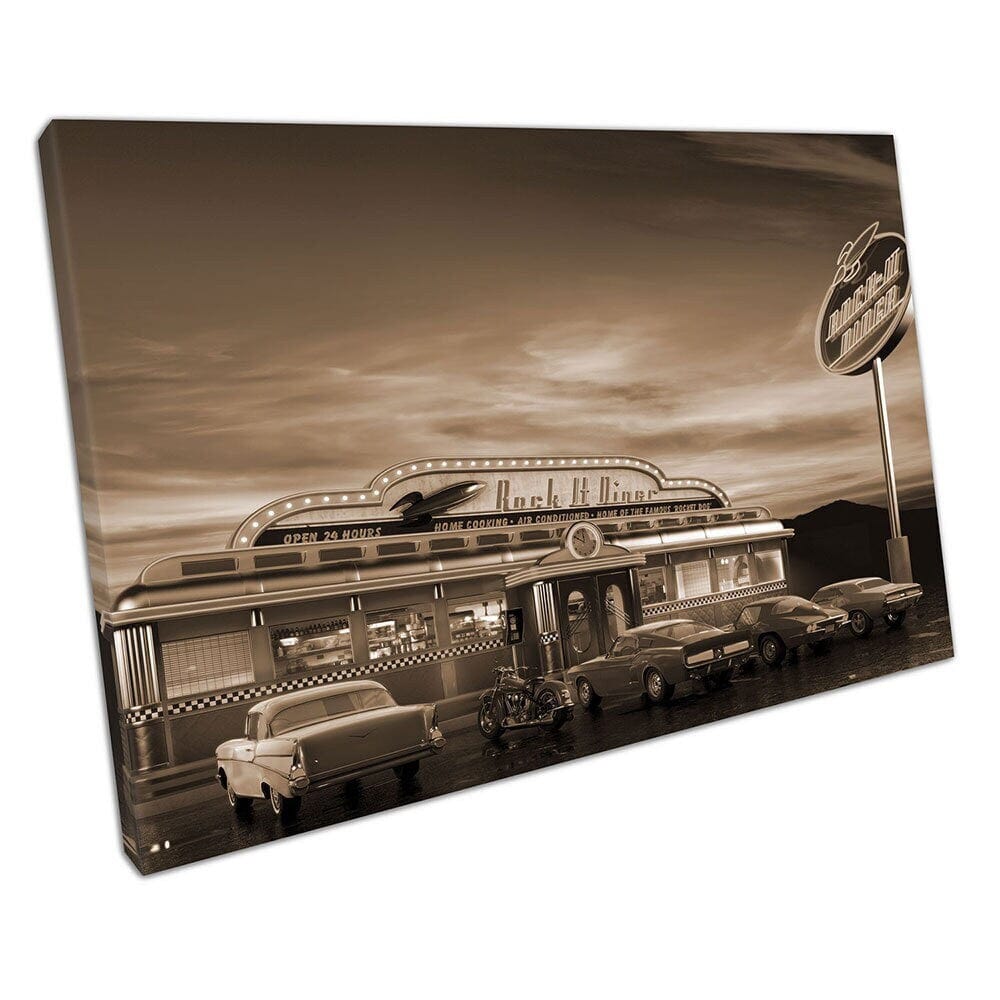 Sepia Vintage Retro Roadside Cafe American Landmark klaar om canvas te hangen x2361