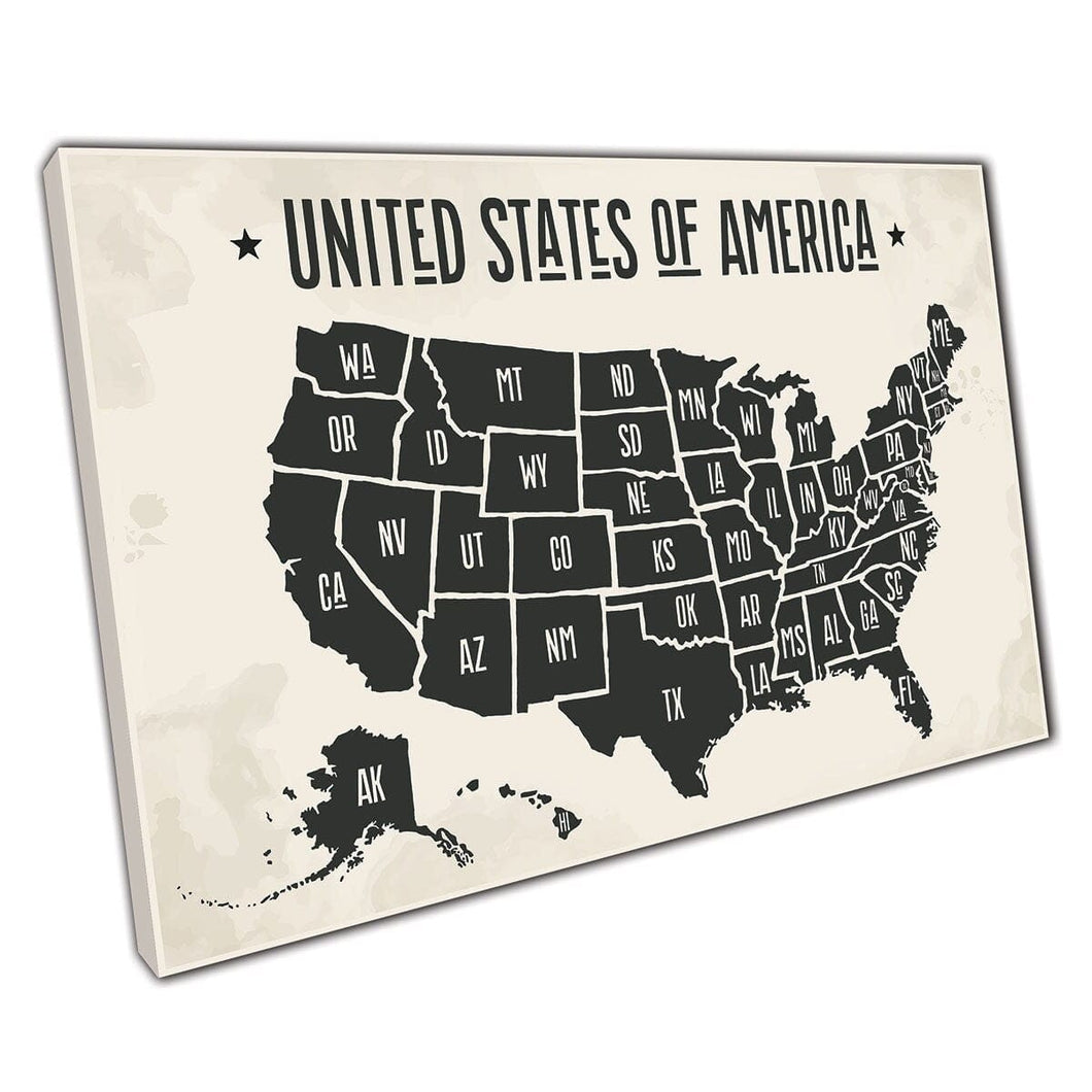 Minimalist United States Of America States With State Names / Letters Wall Art Print On Canvas Mounted Canvas print
