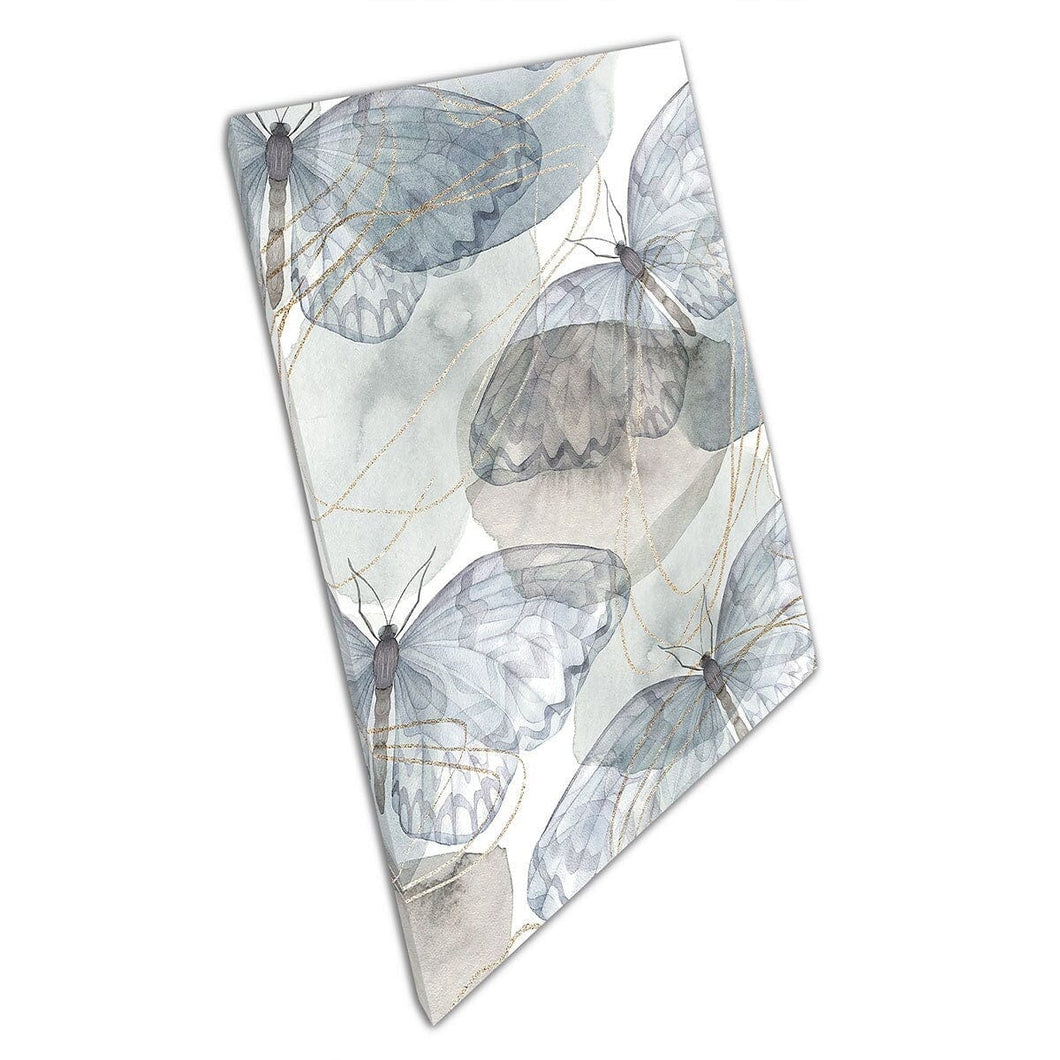 Gray Tone Butterflies over abstracte grijze achtergrond met gouden hoogtepunten Wall Art Print op canvas gemonteerde canvas print