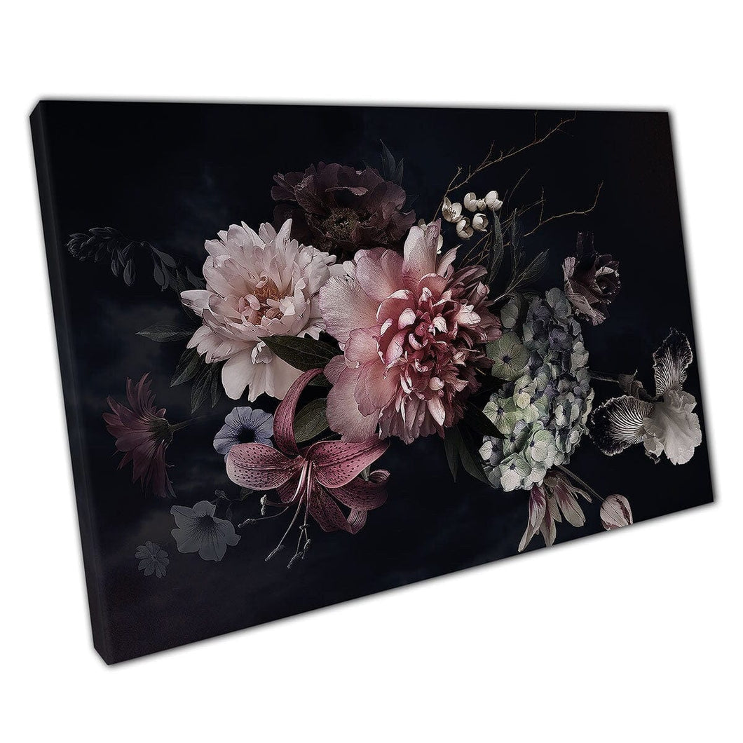 Vintage -Stil rosa Creme Blumen Peonies Tulips Lilien Hortensie Blumen Natur Wandkunst Druck auf Leinwand montiertes Leinwand Druck