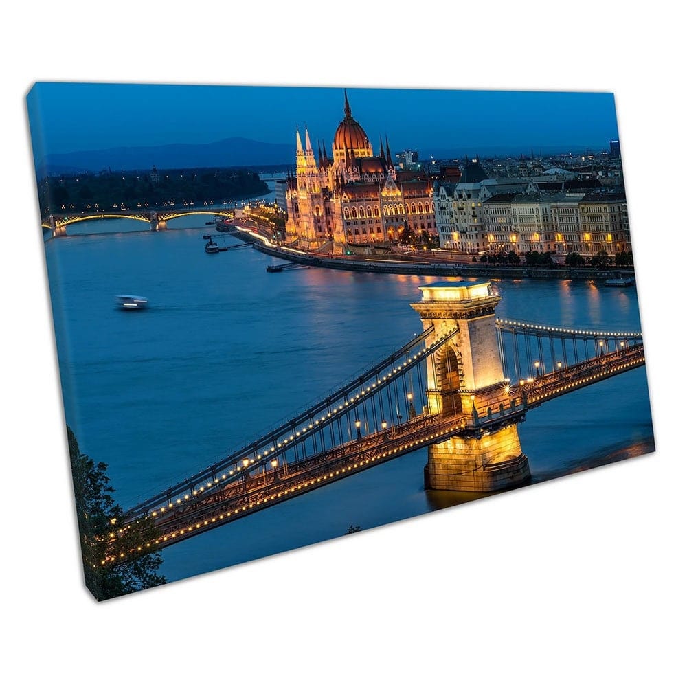 Stad van Boedapest Chain Bridge Hongaarse parlementsstadscape klaar om muur kunstprint gemonteerd canvas afdrukken op te hangen