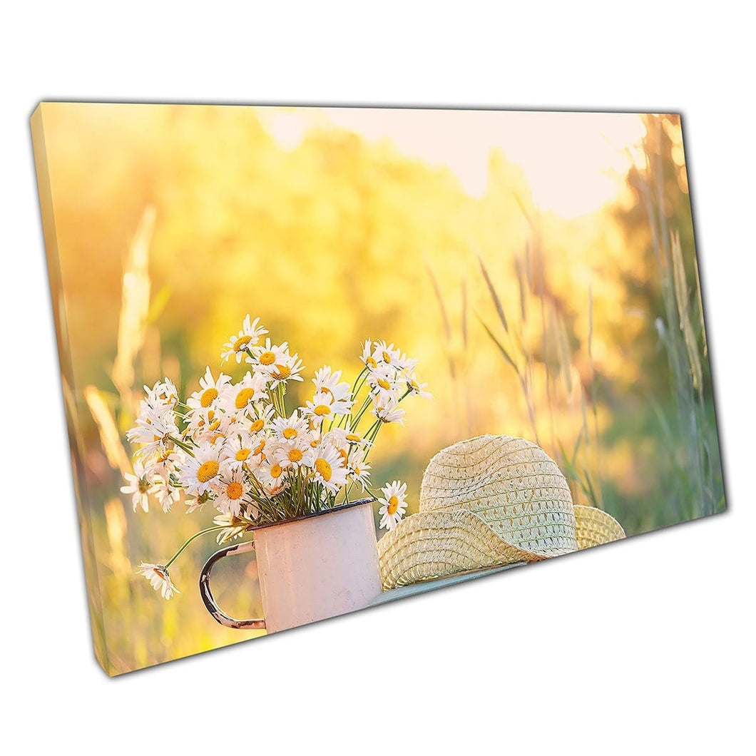 Landelijke ontspannende zomerscène hoed kopje daisies kamille florals boek muur kunst print op canvas gemonteerde canvas print